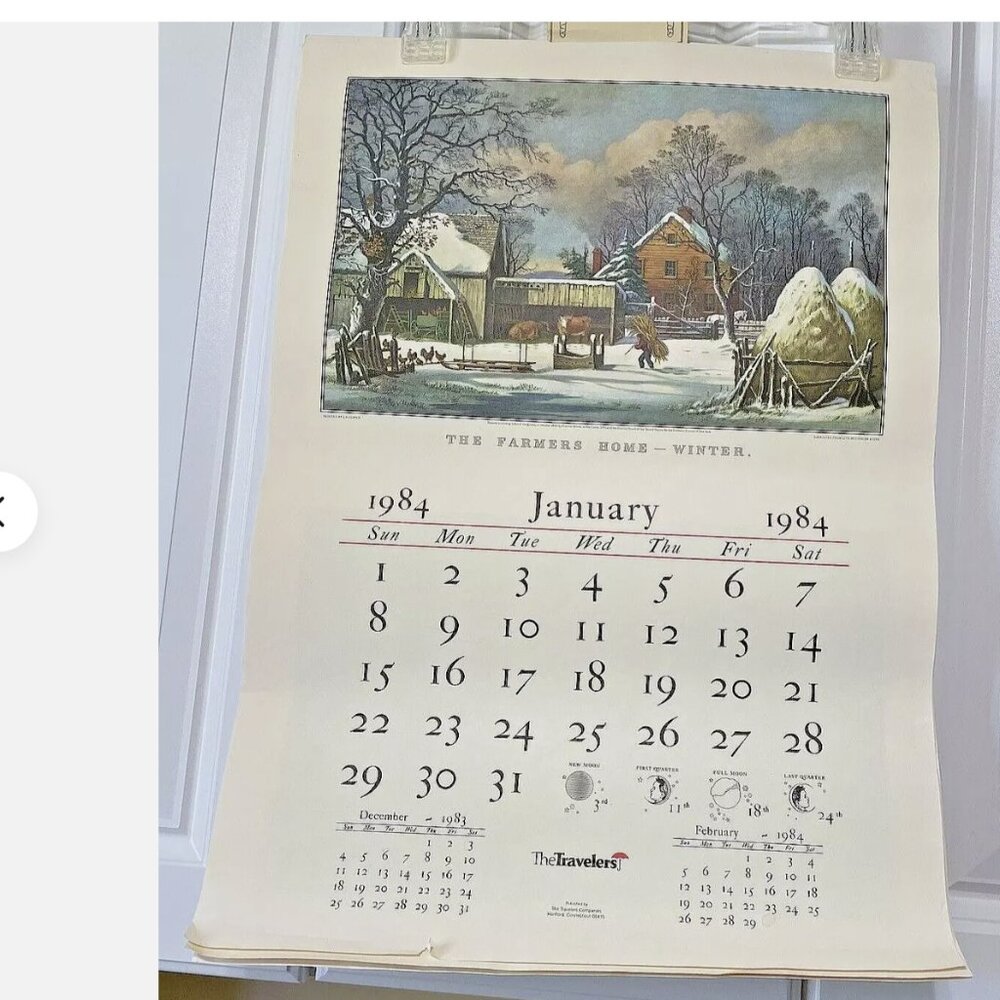 Vintage 1984 The Travelers Currier & Ives Calendar Lithograph Complete